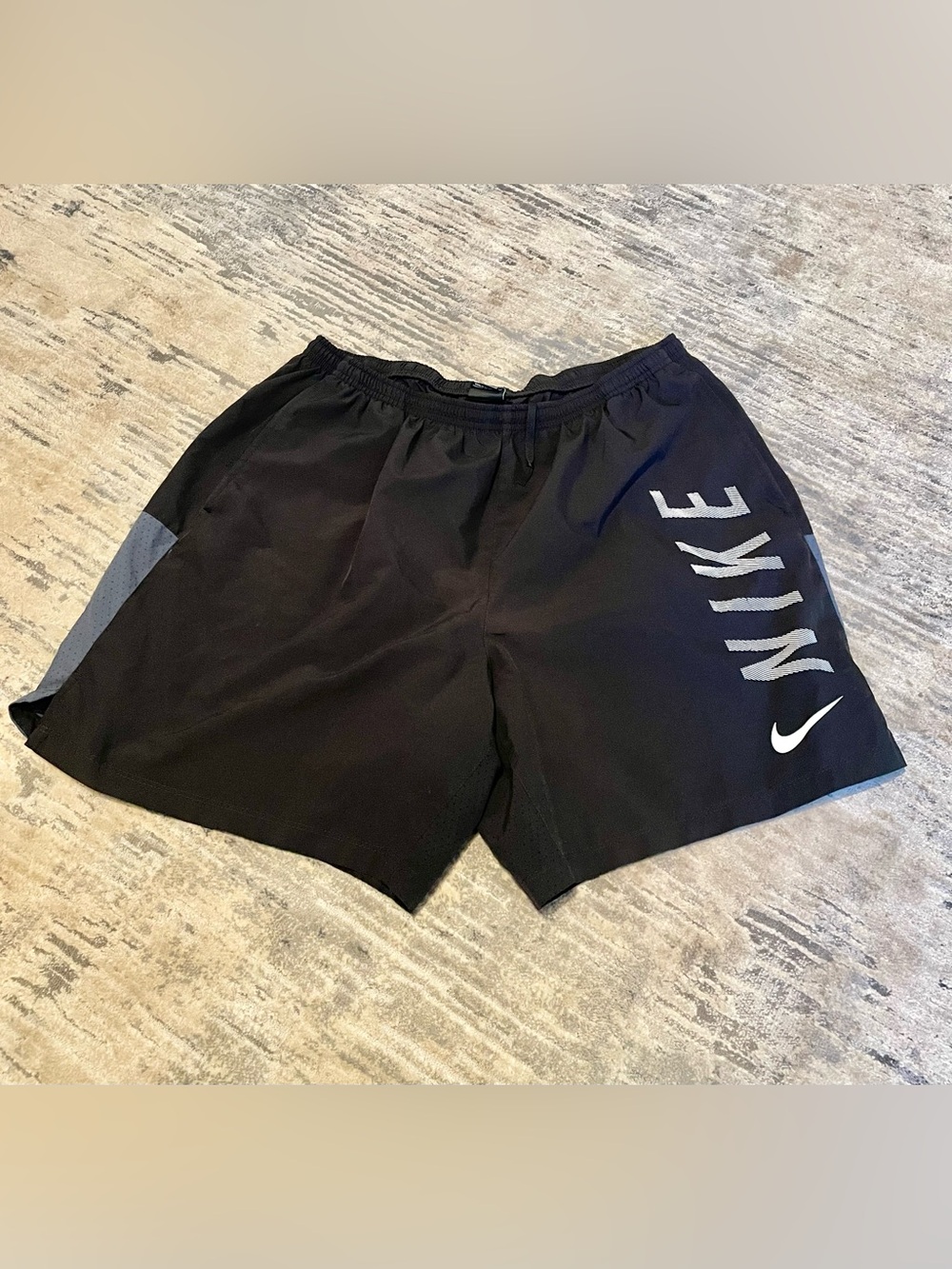 Nike Men's Black Athletic Shorts with Large Side Script- EUC